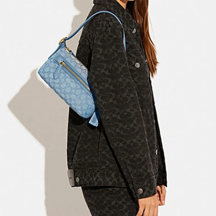 COACH Demi Jacquard Fabric With Recycled Leather Shoulder Bag Handbag Medium Size Women's Lake Blue Color-4