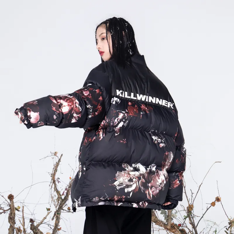 KILLWINNER Letter Stand Collar Loose Fit Thickened Puffer Jacket Unisex Black-3