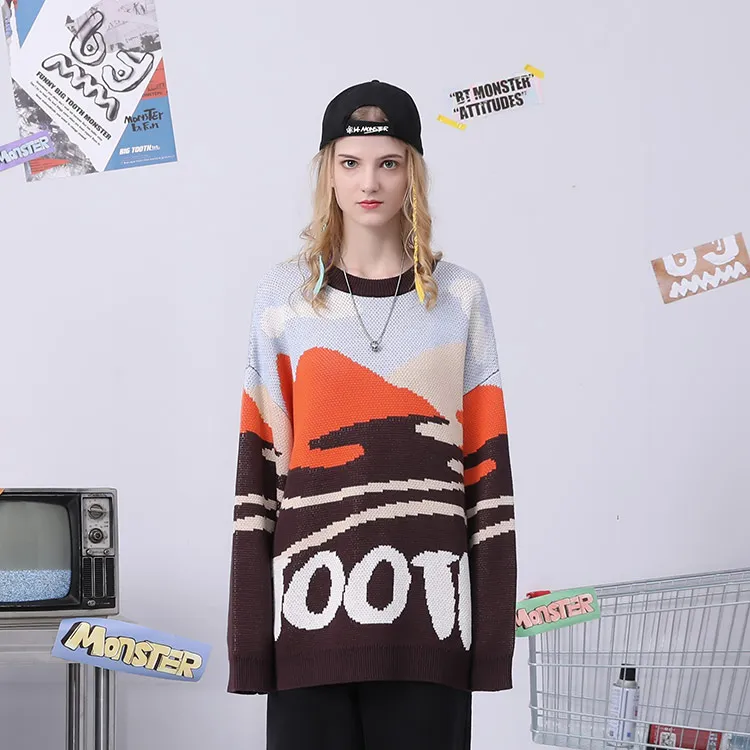 Loose Fit Sweater Unisex Blue Brown-2