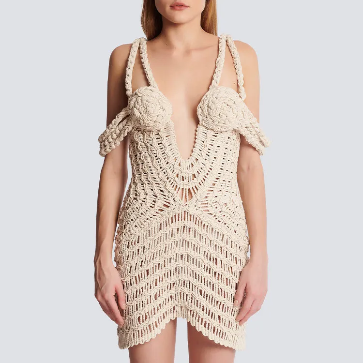 BALMAIN Off Shoulder Macrame Knit Dress-1