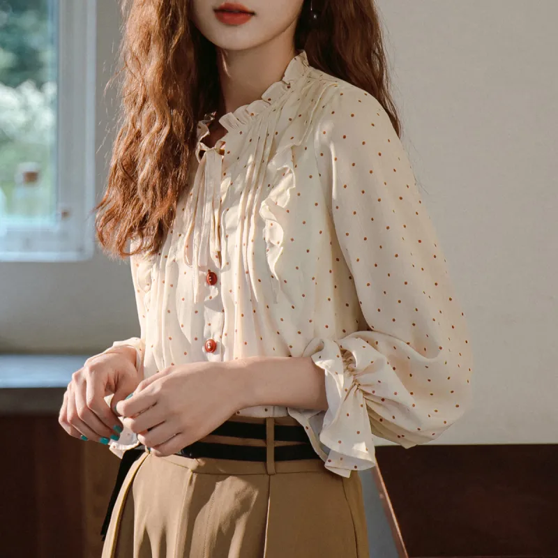 ANNECHEN Dot Lace Up Shirt Spring, Summer And Autumn Women's Apricot-4
