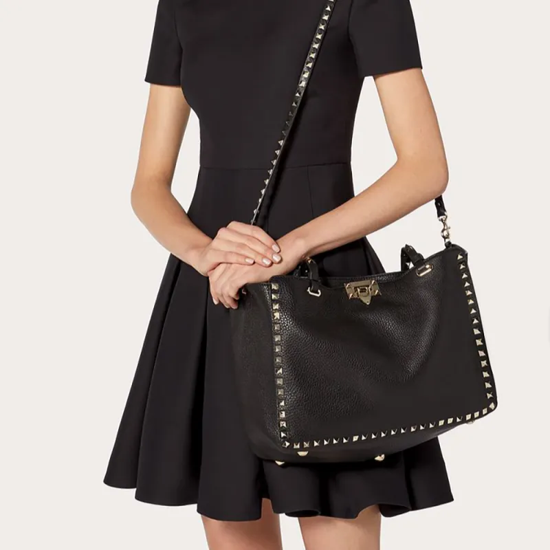 Valentino ROCKSTUD Grain Calfskin Handbag, Shoulder Bag, Crossbody Bag, Handbag Medium Size Women's Black-7