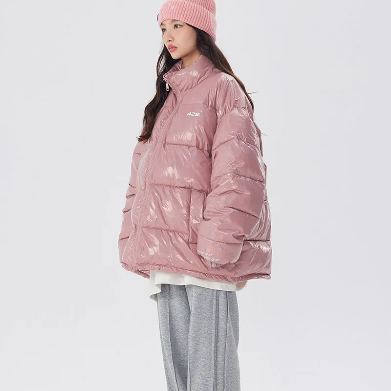 F426 Letter Solid Color Shiny Stand Collar Loose Fit Puffer Jacket Unisex-9