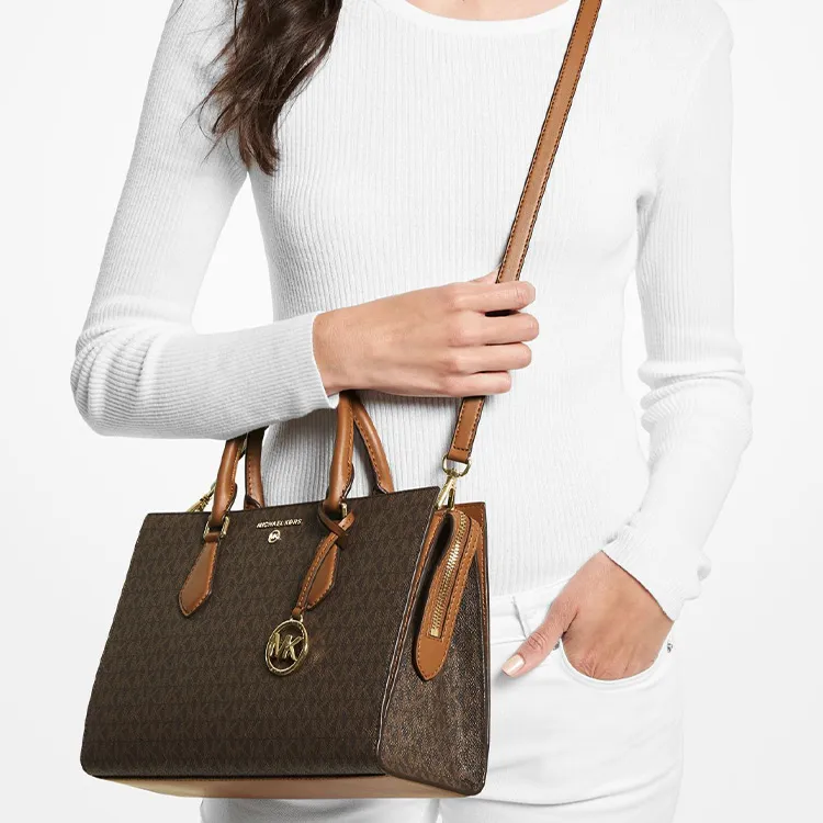 MICHAEL KORS Valerie Canvas Briefcase Handbag Shoulder Bag Crossbody Bag Medium Size Women's Dark Brown & Acorn Brown-4