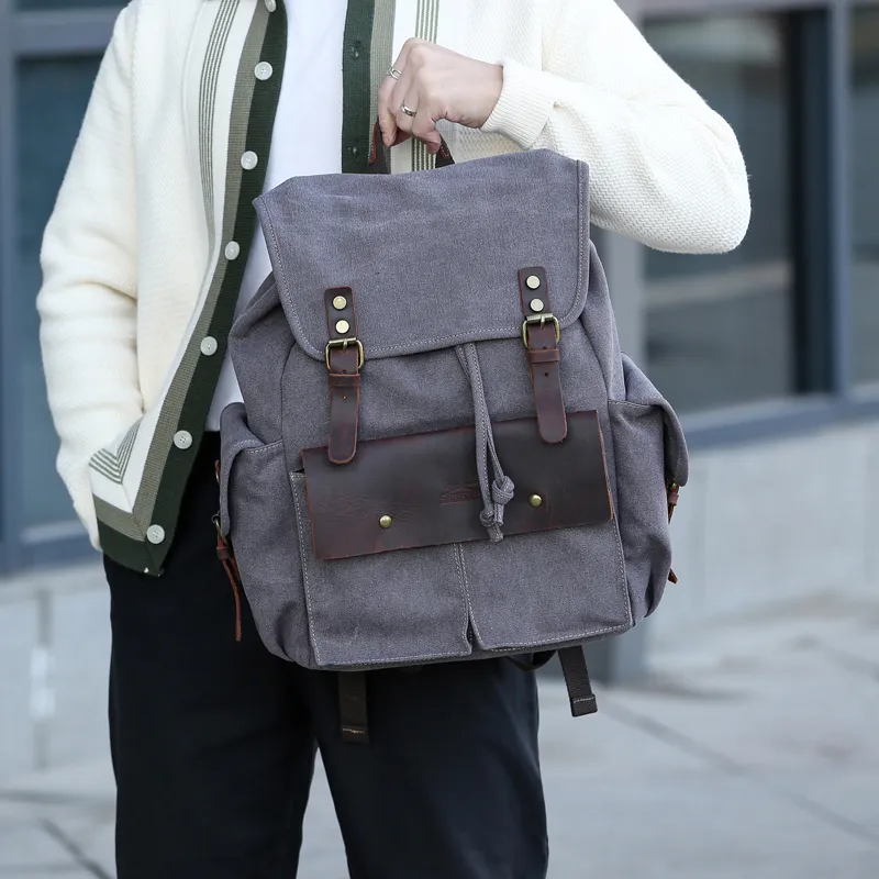Slazenger Canvas With Top Grain Cow Leather Backpack Regular Unisex Gray/Khaki/Black-4