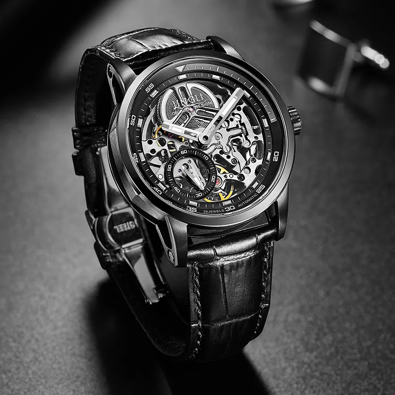 JINLERY Machine Automatic Mechanical Movement Genuine Leather Strap Watch Men's Watches Cut-Out Dial J9033-5
