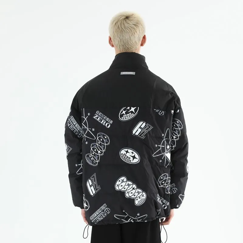 PCMY x Genesiszero Letter Geometric Pattern Stand Collar Loose Fit Thickened Puffer Jacket Unisex-3