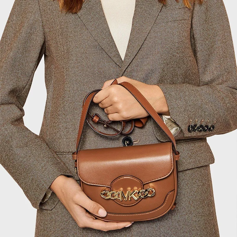 MICHAEL KORS Hally Cow Leather Saddle Bag, Shoulder Bag, Crossbody Bag Women's Brown-3
