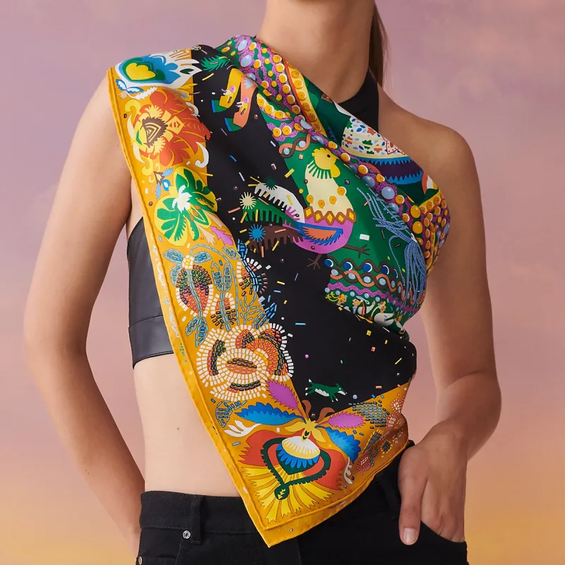 HERMES Silk Scarves Women's Curry Yellow/Black/Green-1