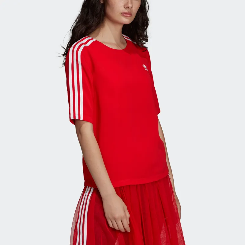 Adidas Originals 3 Stripes Drop Shoulder Sleeve T Shirt Women's Red-4