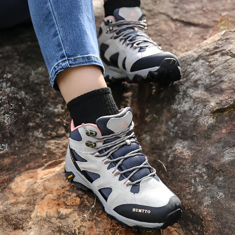 HUMTTO Cushioning Anti Slip And Wear Resistant High Top Outdoor Shoes Women's Gray Pink-8