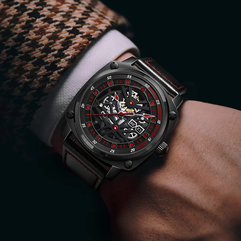 BEXEI Dresden Collection Mechanical Movement Genuine Leather Strap Watch Men's Watches Cut-Out Dial 9056-HKHM-2