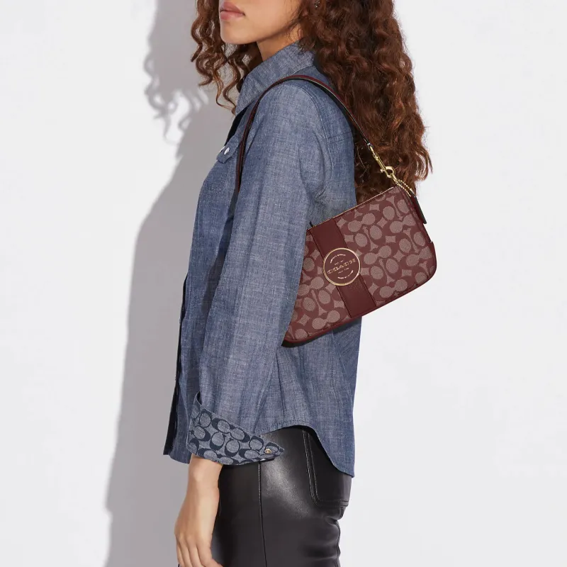 COACH Lonnie Fabric With Cow Leather Baguette Bag, Shoulder Bag, Portable Crossbody Bag Women's Burgundy-4