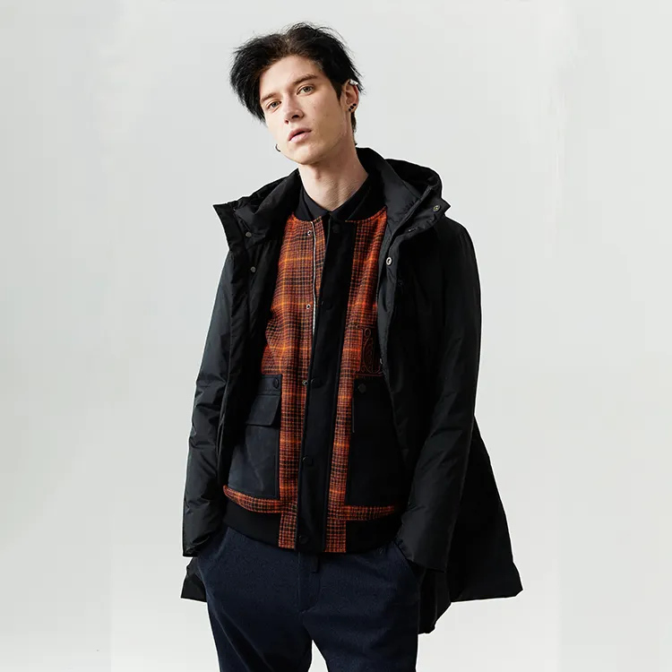 DAVID NAMAN Solid Color Hooded Mid Length Down Jacket Men's Black-7