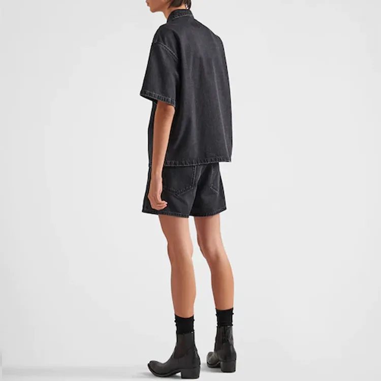 PRADA Logo Plaque Short Sleeved Denim Shirt-2