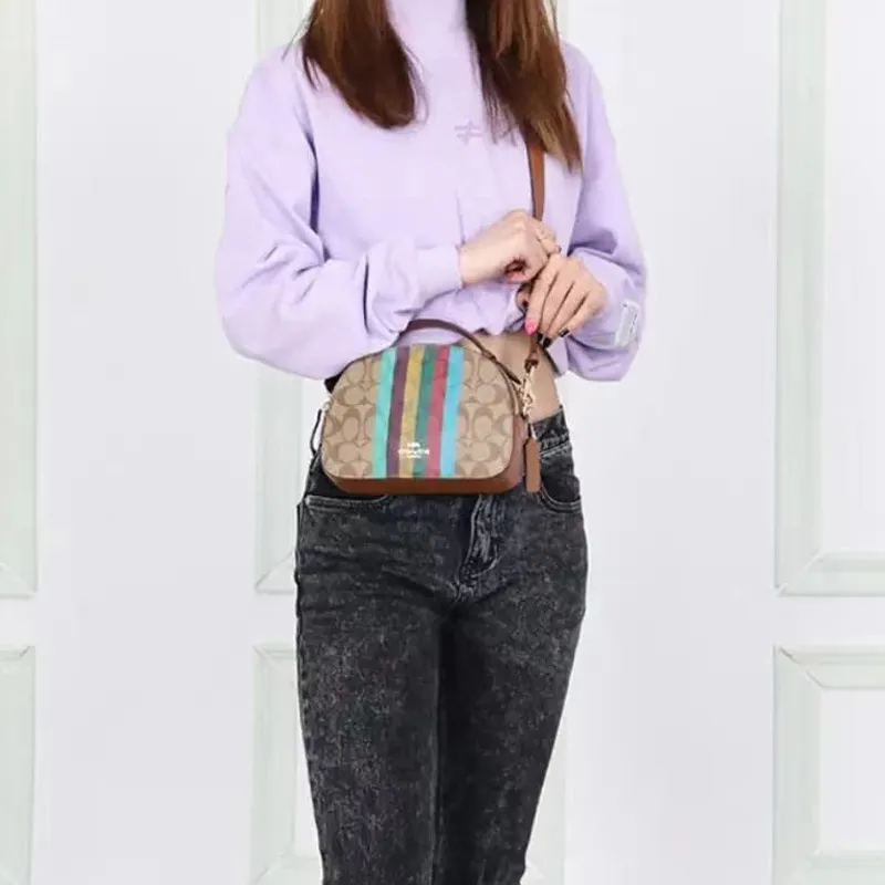 COACH Serena Monogram Canvas With Leather Crossbody Bag Chinese Steamed Bun Handbag Small Size Women's Khaki-3
