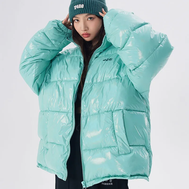 F426 Letter Solid Color Shiny Stand Collar Loose Fit Puffer Jacket Unisex-12