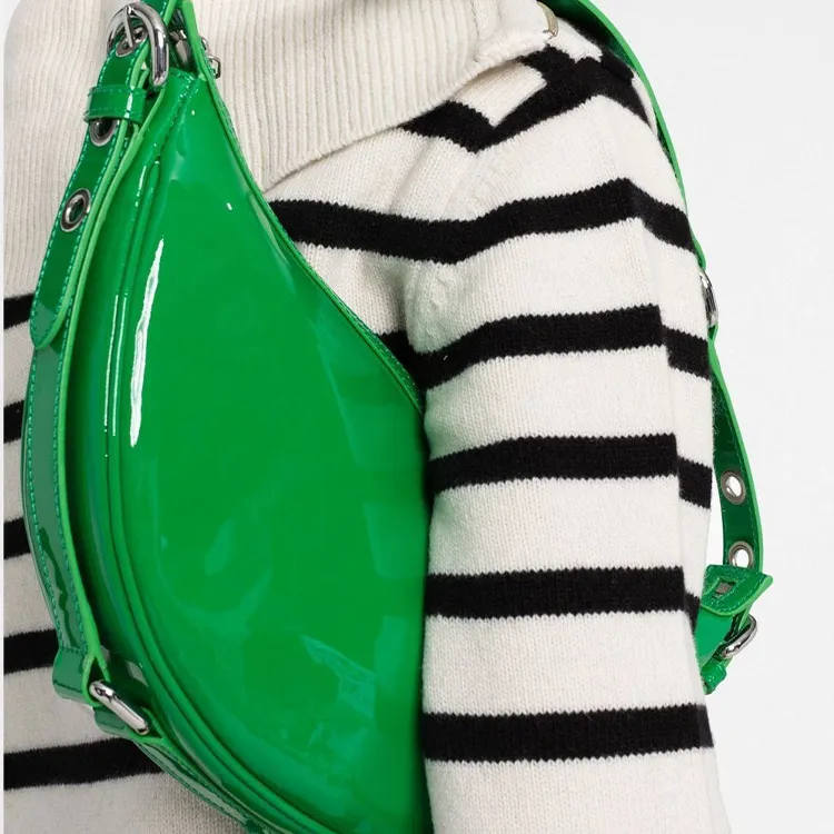 By Far Soho Patent Leather Calfskin Crescent Bag Handbag, Shoulder Bag Women's Green-3