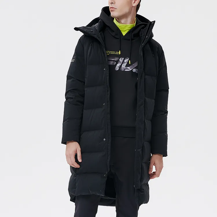 FILA Letter Hooded Long Down Jacket Men's Pitch Black-3