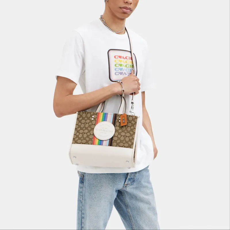 COACH Fabric With Leather Tote Bag, Shopping Bag, Tote, One Shoulder Handbag Tubas Women's Brown & White-3