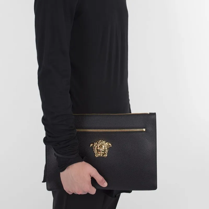 VERSACE La Medusa Calfskin Wrist Bag Clutch Men's Black-3