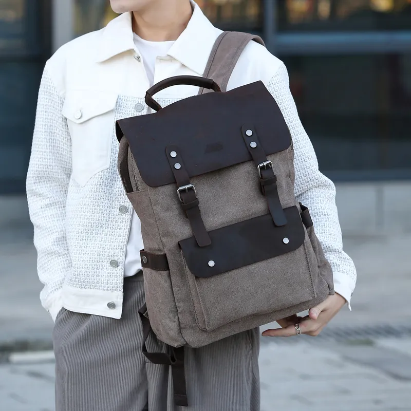 Slazenger Canvas Top Grain Cow Leather Backpack Regular Unisex Multicolor-3