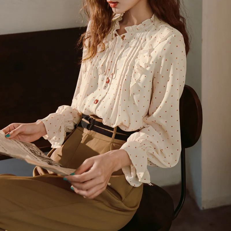 ANNECHEN Dot Lace Up Shirt Spring, Summer And Autumn Women's Apricot-1