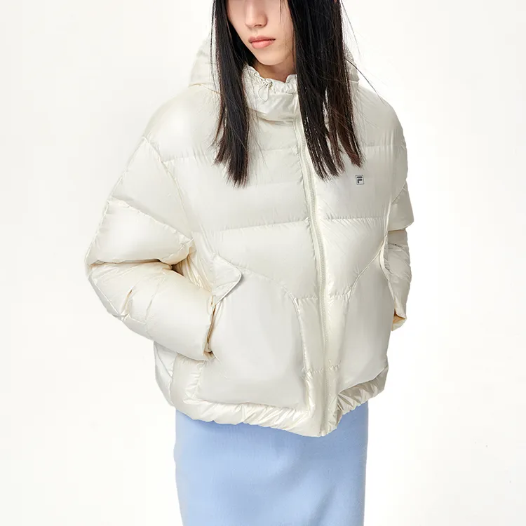 FILA Letter Hooded Cropped Down Jacket Women's Heron White-4
