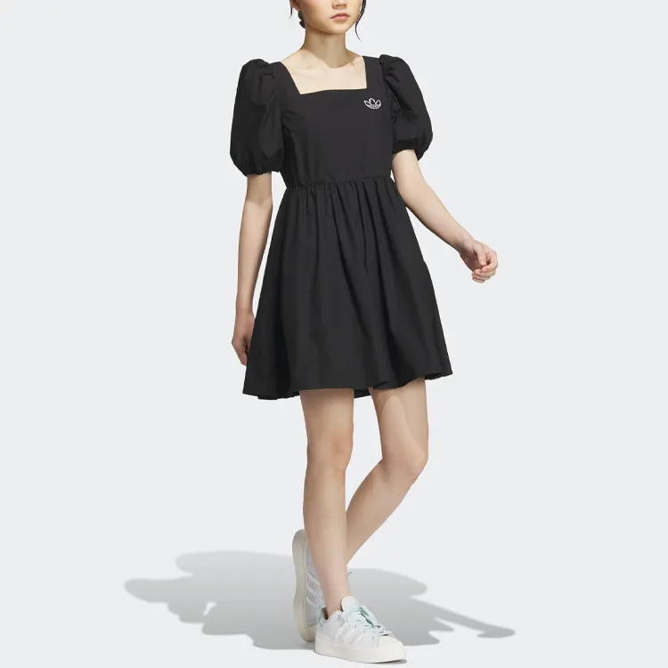 adidas originals X Monkey Kingdoml Women's Square Neck Lantern Sleeve Dress Black-3