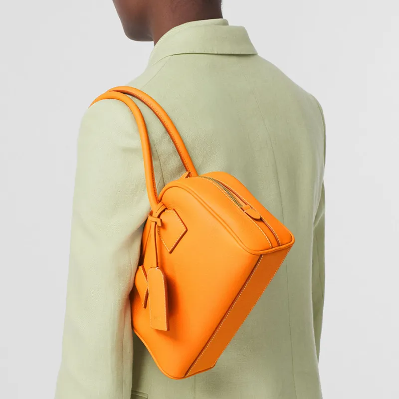 Burberry Cube Calfskin Patchwork Leather Detail Bowling Bag Shoulder Bag Handbag Mini Women's Dark Orange-7
