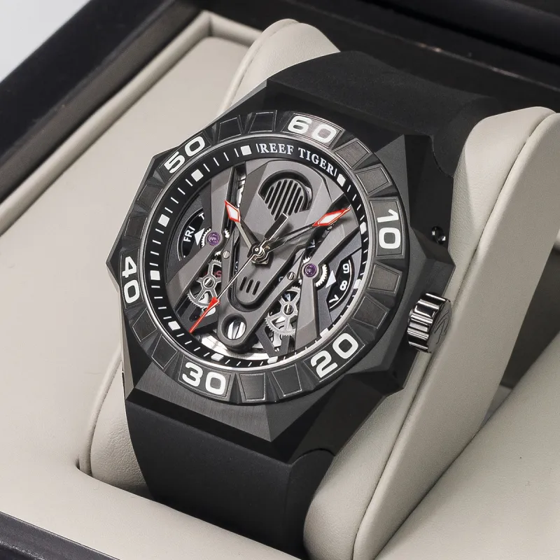 REEF TIGER Black Shark Collection Automatic Mechanical Movement Watch Men's Watches Black Dial RGA6922-BBR-3