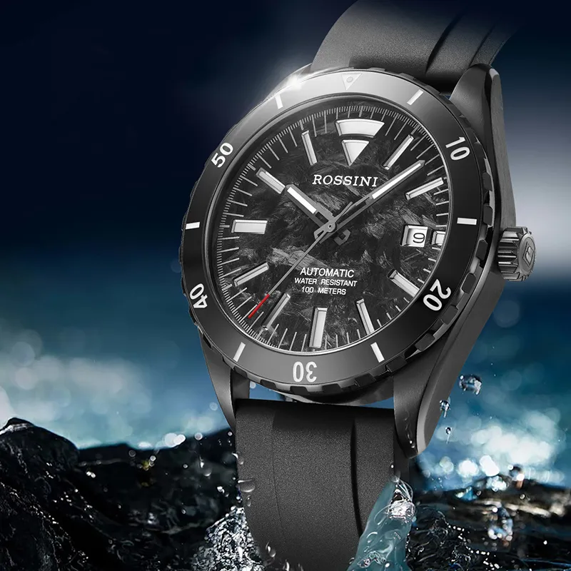 ROSSINI Voyager Collection Automatic Mechanical Movement Silicone Strap Watch Men's Watches Black Dial-2