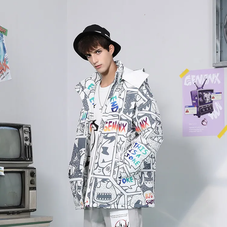 GENANX Cartoon Stand Collar Loose Fit Puffer Jacket Unisex White-4