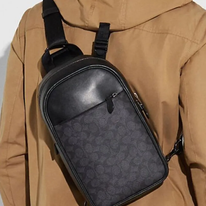 COACH Canvas With Leather One Shoulder Crossbody Sling Bags Small Size Men's Charcoal Gray Black-5