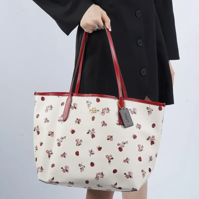 COACH City Coated Canvas With Smooth Leather Tote Bag, Shopping Bag, Shoulder Bag, Handbag Tubas Women's White-4