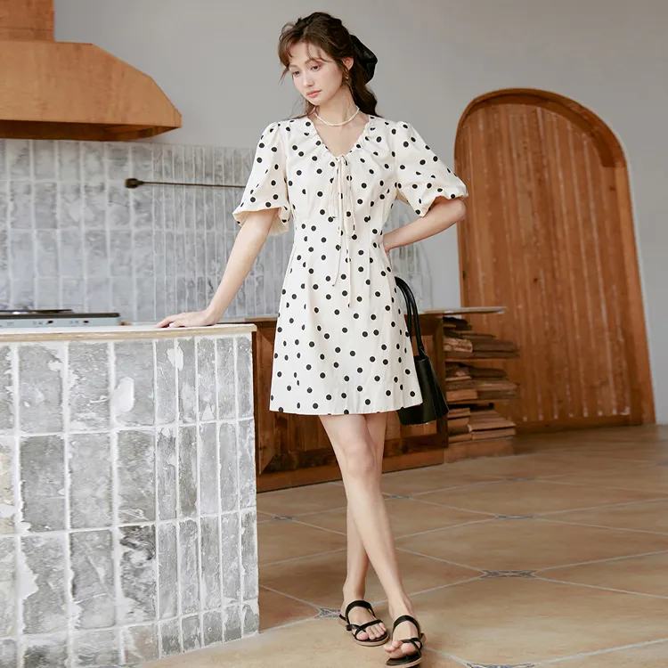 MISHOW Short Sleeved Dresses Women's Apricot Polka Dot-1