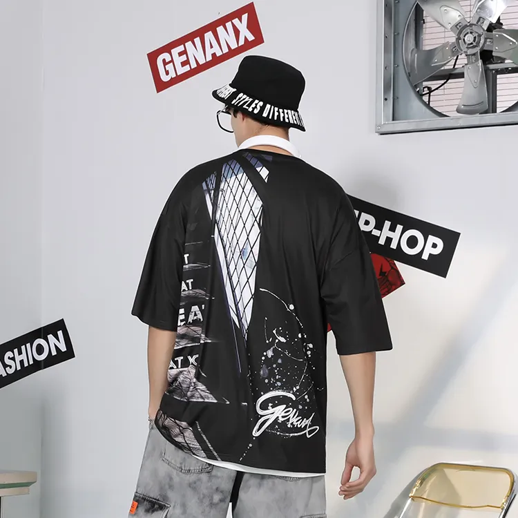 GENANX Straight Elbow Length Sleeved T Shirt Unisex Black-4