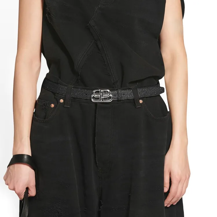 Balenciaga Interlocked BB Logo Decoration Smooth Buckle Leather Belts Women's Black Width 2.3cm-2