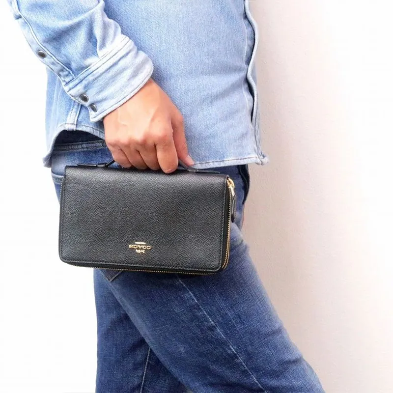 COACH Double Zip Wallet Cow Leather Clutch Small Size Women's Black-5