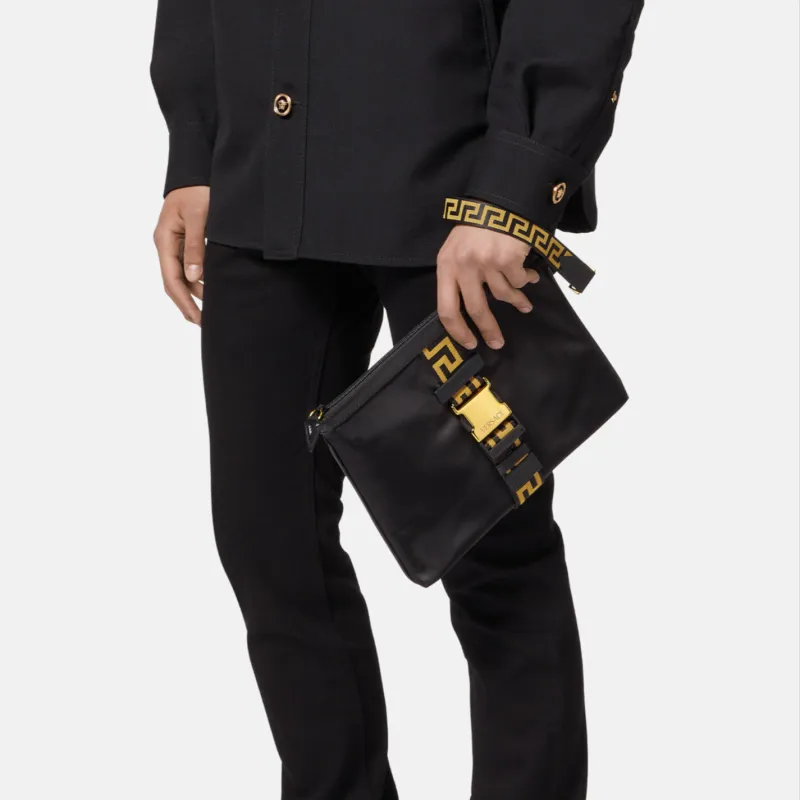 VERSACE Cow Leather Detail Clutch Tubas Men's Black/Gold-4