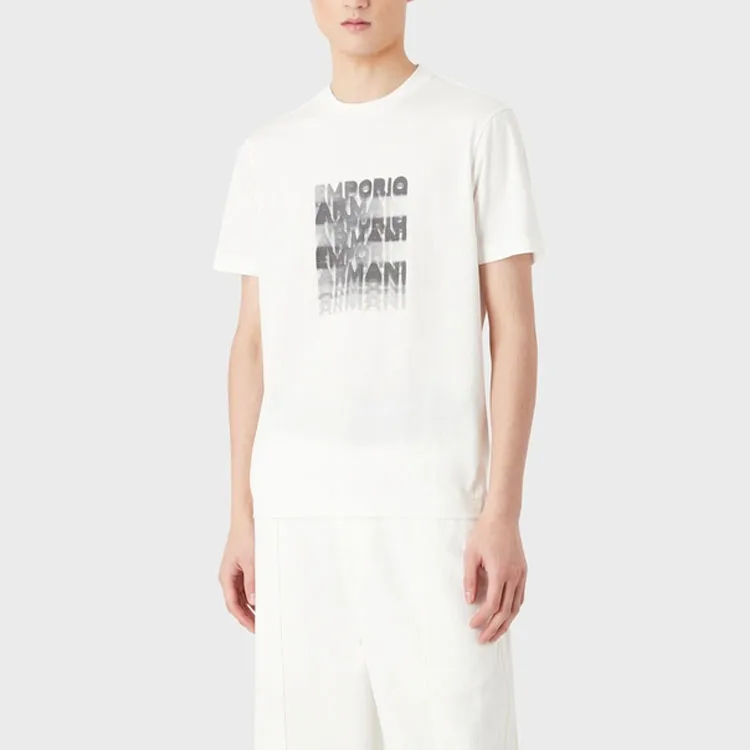 EMPORIO ARMANI Logo Letter Misaligned Print Crew Neck Pullover Short Sleeved T Shirt Men's White-1