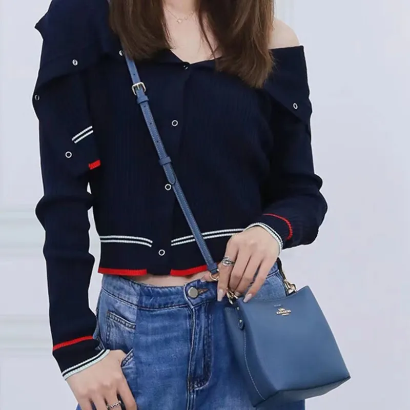 COACH Town Canvas Leather Bucket Bags Shoulder Bag Crossbody Bag Small Size Women's Denim Blue-3