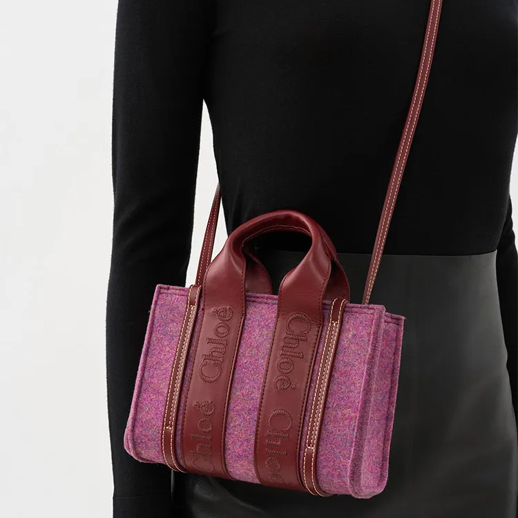 Chloe Woody Cow Leather Tote Bag Shopping Bag Shoulder Bag Crossbody Bag Handbag Mini Women's Purple/Burgundy-4