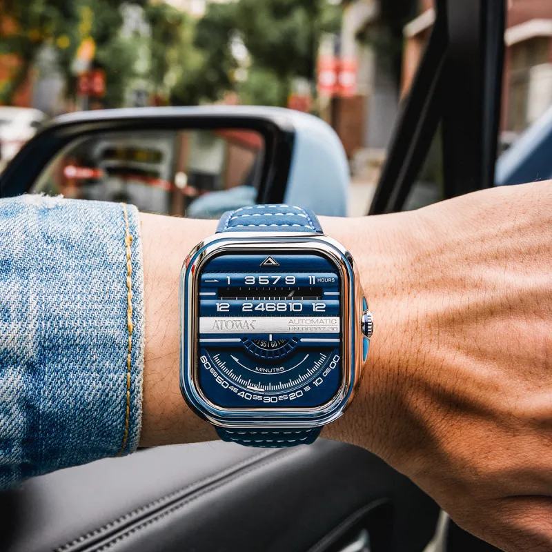 ATOWAK PRO Wrist Watch Mechanical Movement Genuine Leather Strap Blue Dial Men's Watches WS12-S1663-7