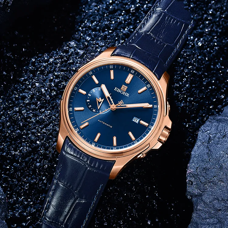 EBOHR Explorer Collection Mechanical Movement Genuine Leather Strap Watch Men's Watches Blue Dial 51260132-1