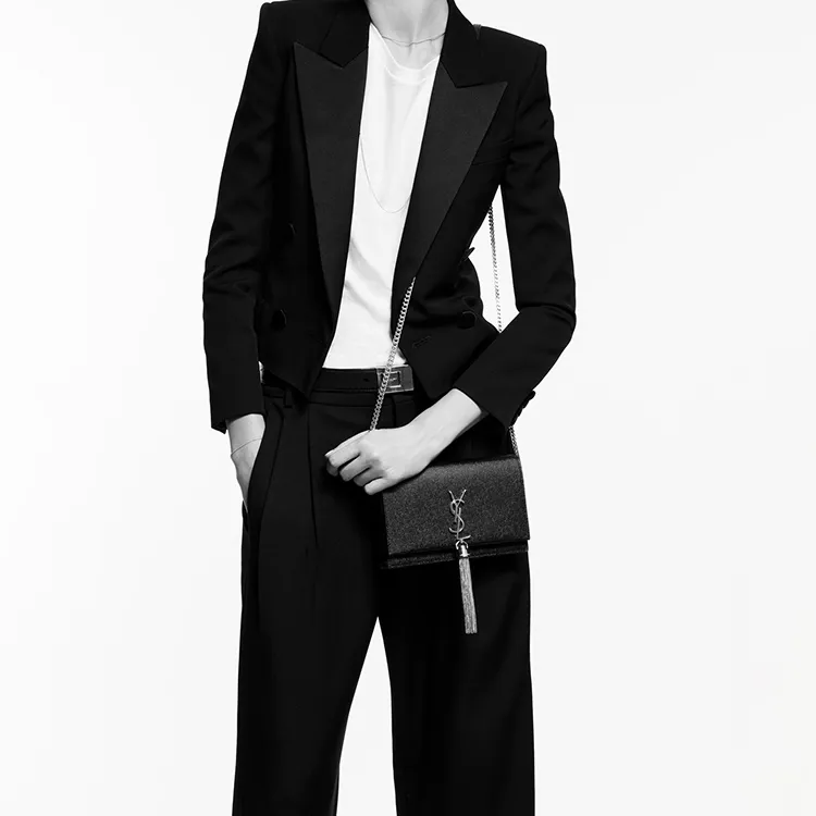 SAINT LAURENT KATE Calfskin Shoulder Bag, Crossbody Bag Trumpets Women's Black-6