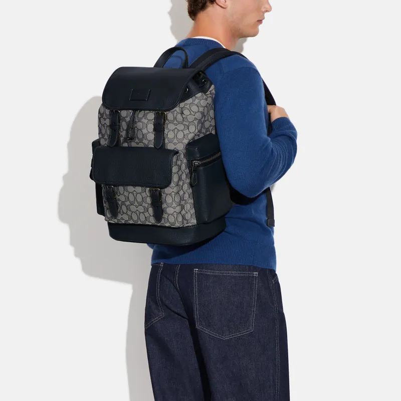 COACH Sprint Textile Cow Leather Backpack Large Size Men's Gray & Black-3