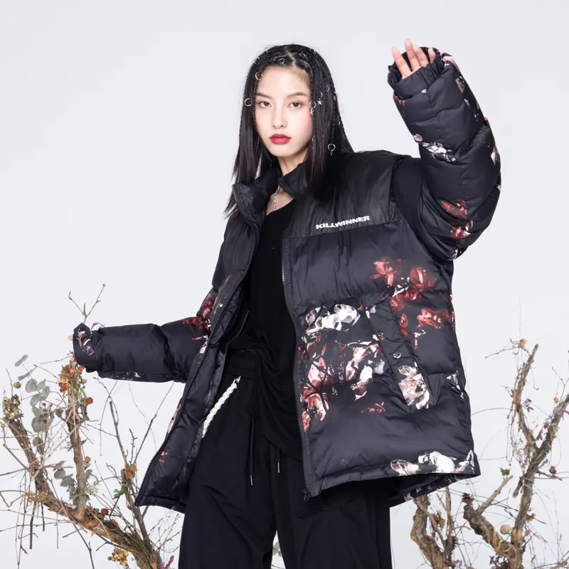 KILLWINNER Letter Stand Collar Loose Fit Thickened Puffer Jacket Unisex Black-4