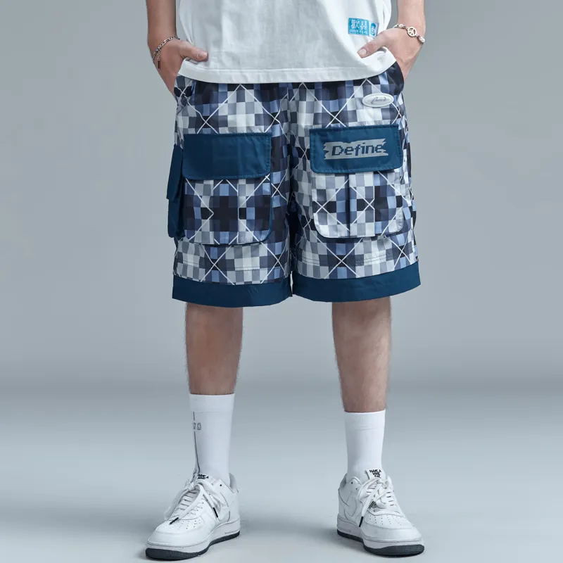 Guuka Casual Shorts Men Blue Plaid-3