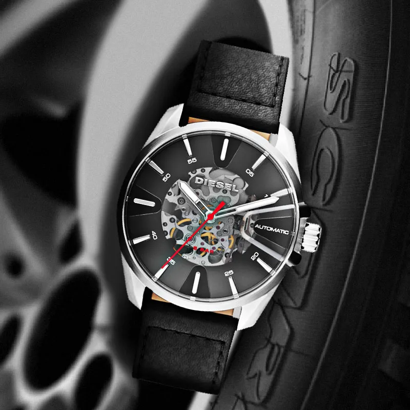 DIESEL Wrist Watch Mechanical Movement Leather Watch Bands 44mm Black Dial Men's Watches DZ1966-4